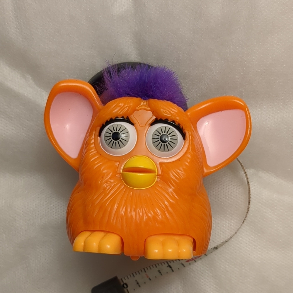 vintage happy meal toy 1998  Orange Furby with Purple Hair and wheels on bottom